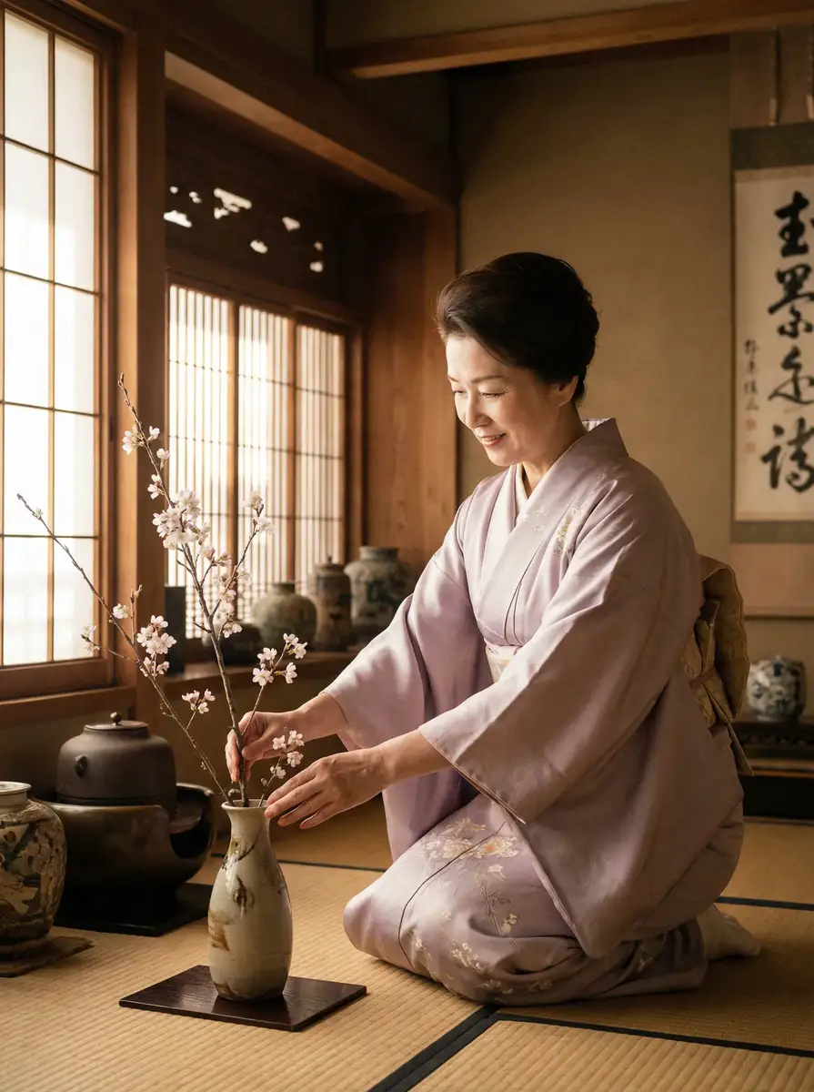 一位优雅的 莱茵体育官网 在和室中插花
